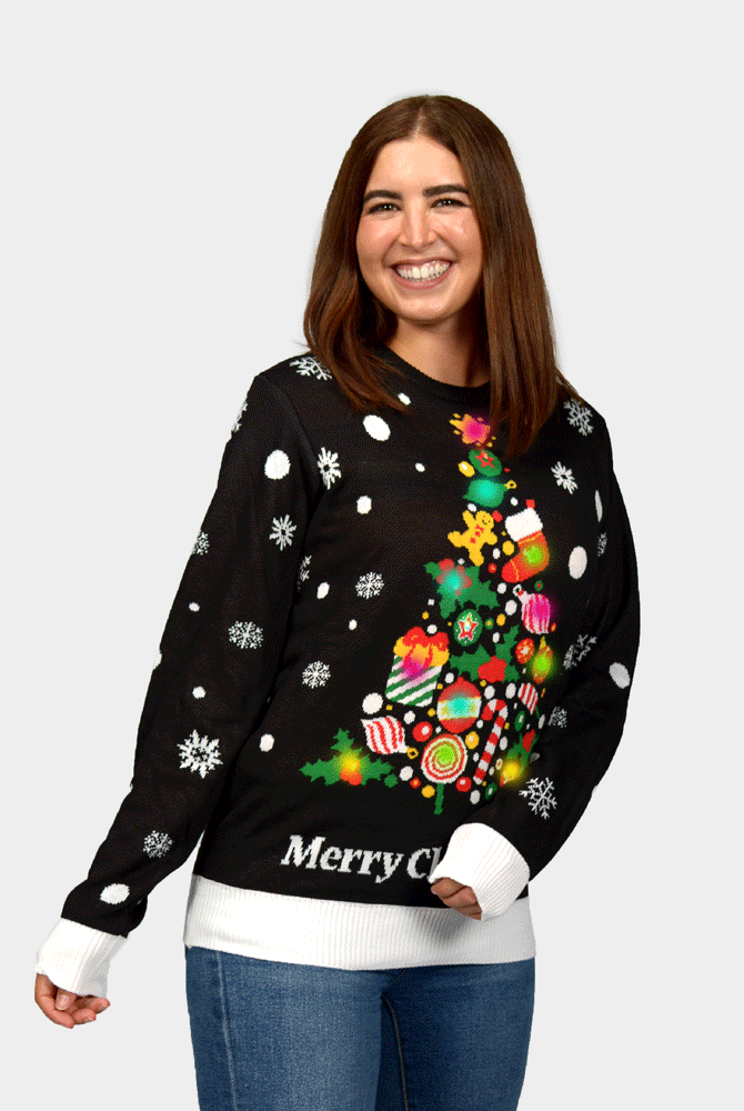 Camisola de Natal Muher Luzes LED Preta Árvore de Natal