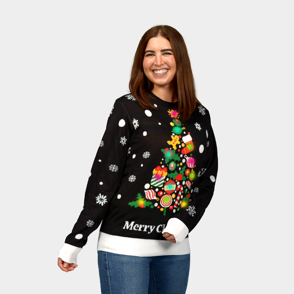 Camisola de Natal Muher Luzes LED Preta Árvore de Natal