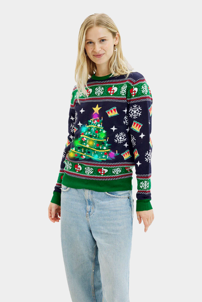 Camisola de Natal Mulher Azul com Luzes LED Árvore de Natal