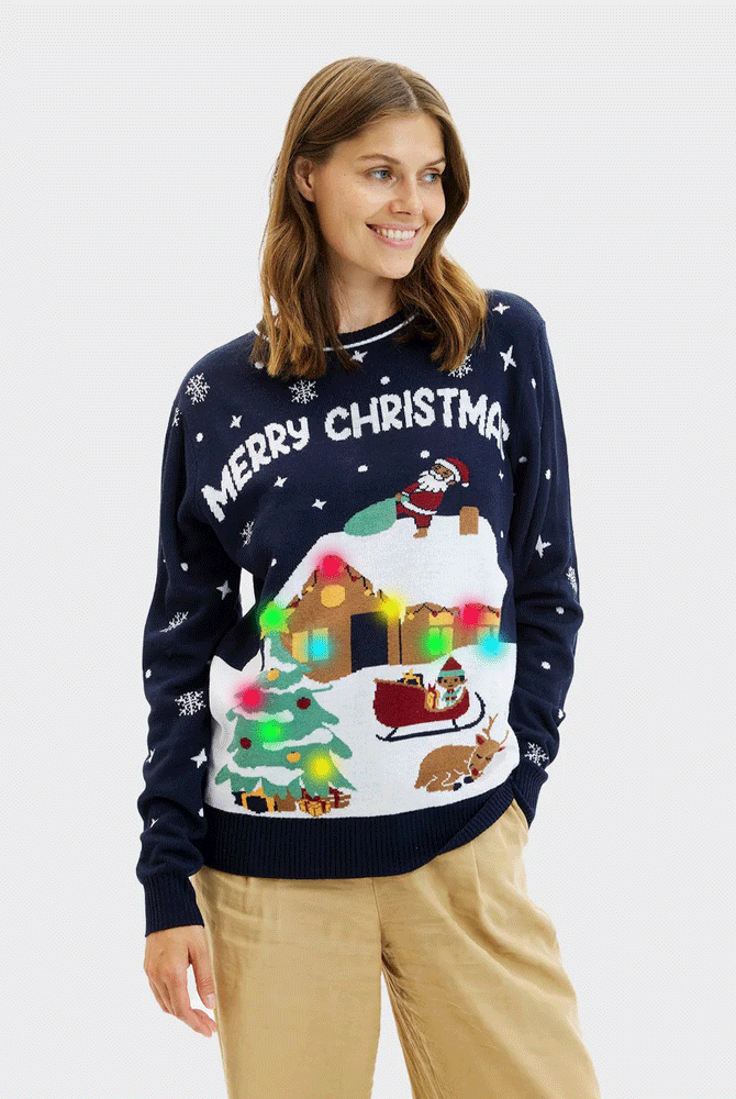 Camisola de Natal para Mulher com Luzes LED Azul Merry Christmas