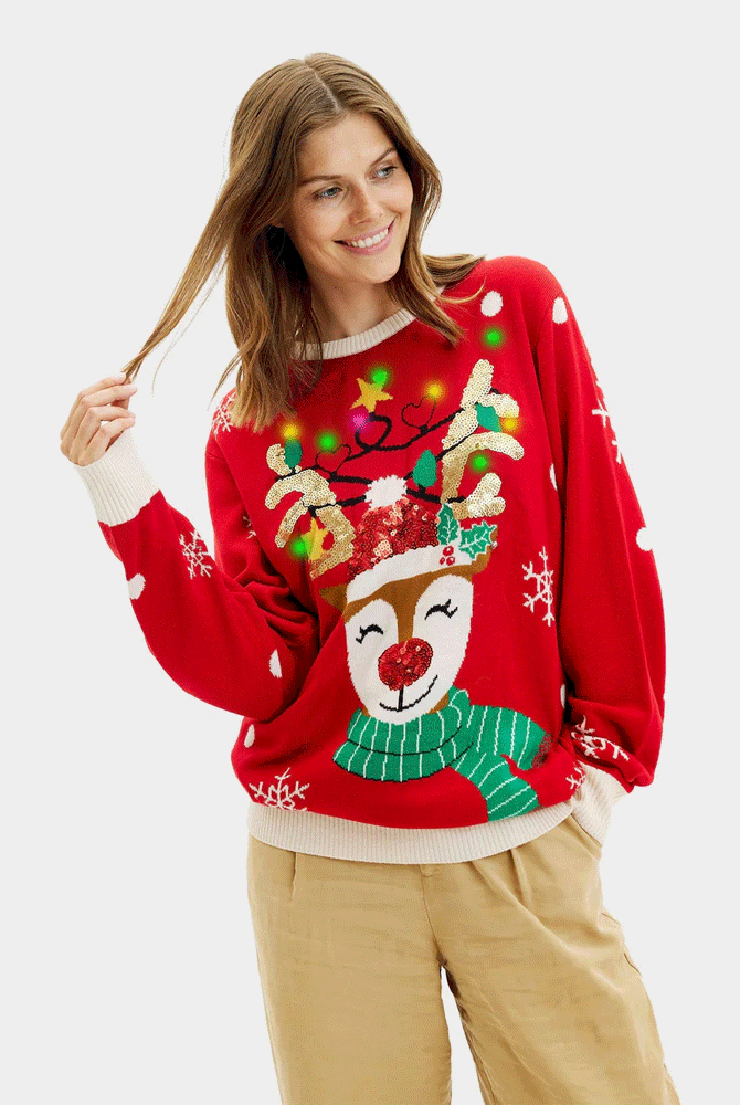 Camisola de Natal Mulher Luzes LED para Casal Rena Brilhante com Lantejoulas