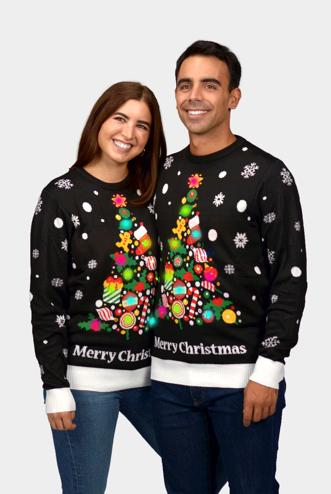 Camisola de Natal para Mulher Homem com Luzes LED Preta Árvore de Natal