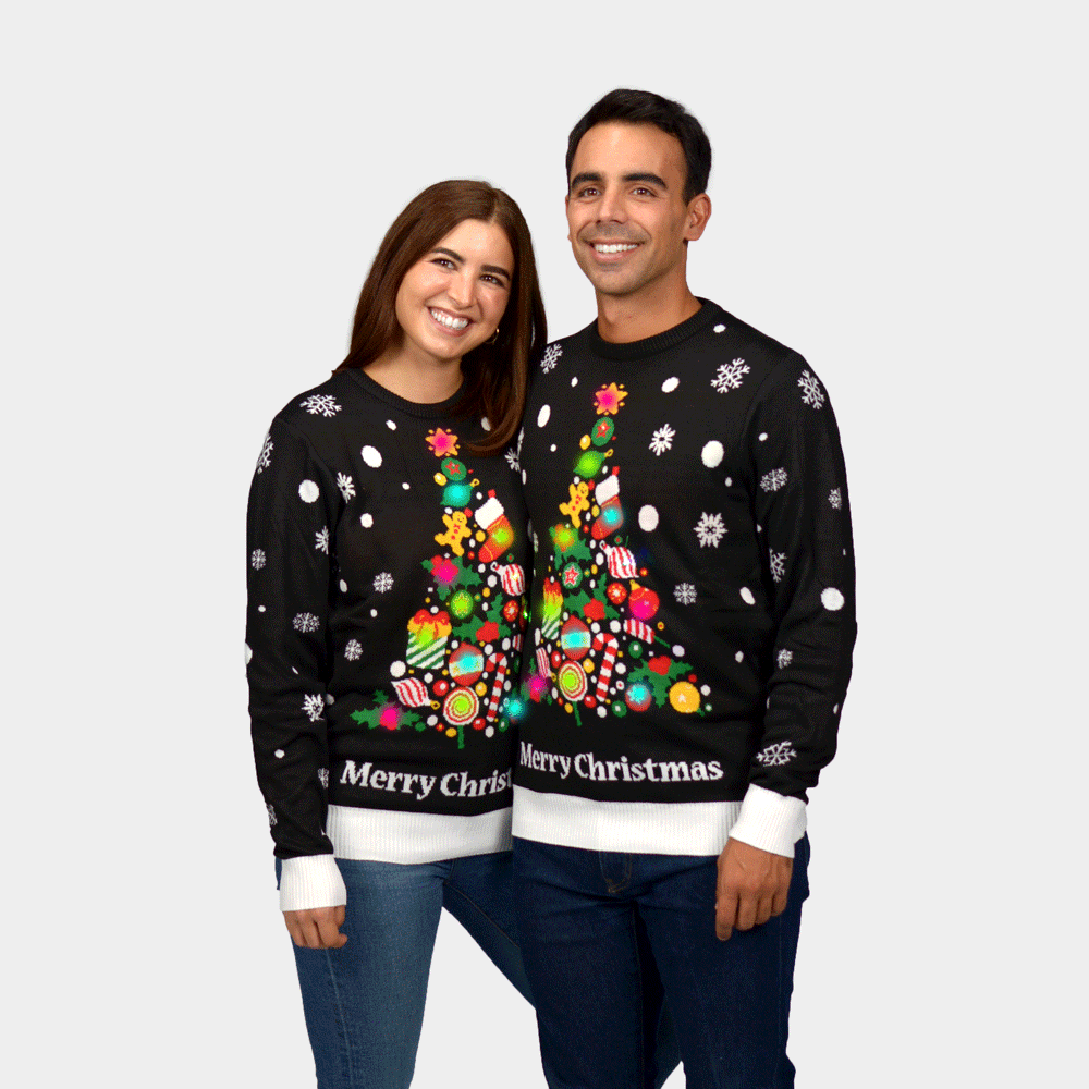 Camisola de Natal para Mulher Homem com Luzes LED Preta Árvore de Natal
