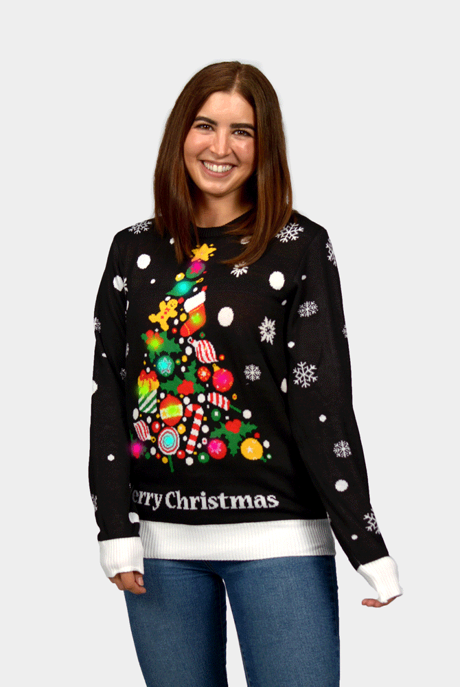 Camisola de Natal para Mulher com Luzes LED Preta Árvore de Natal