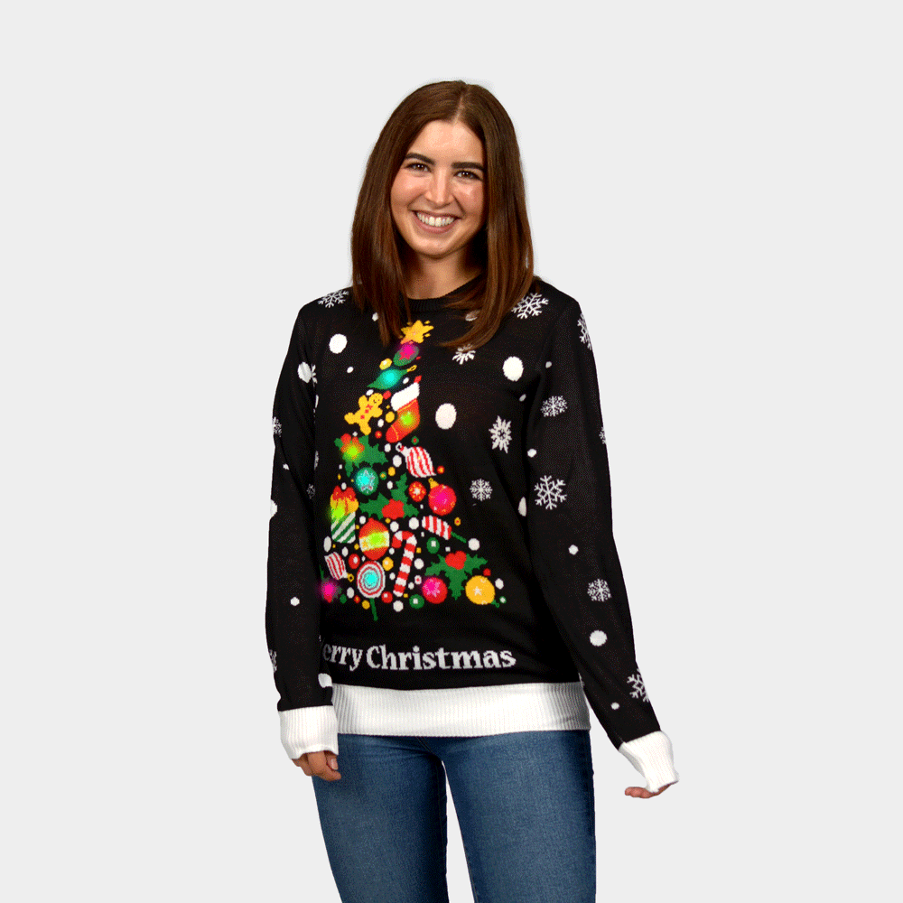 Camisola de Natal para Mulher com Luzes LED Preta Árvore de Natal