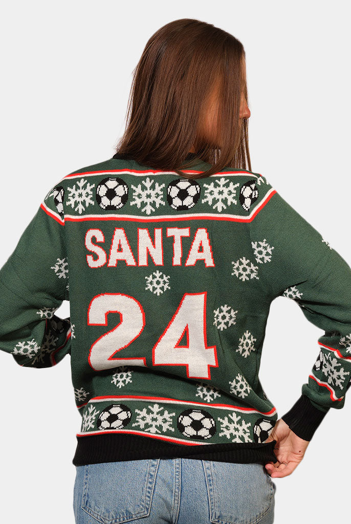 mulher Camisola de Natal para Casal Verde Pai Natal jogando Futebol