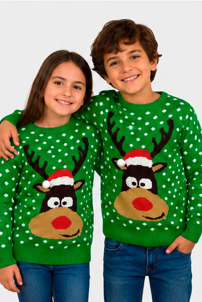 Camisola de Natal para Mulher Menino Verde Rena com Gorro 3D