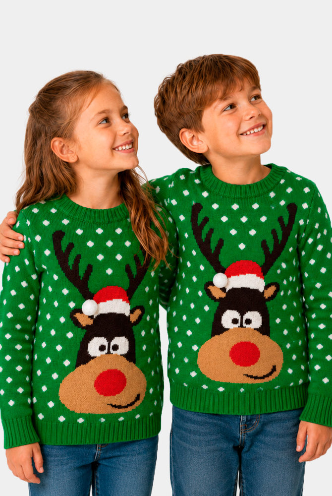 Camisola de Natal para Mulher Menino Verde Rena com Gorro 3D