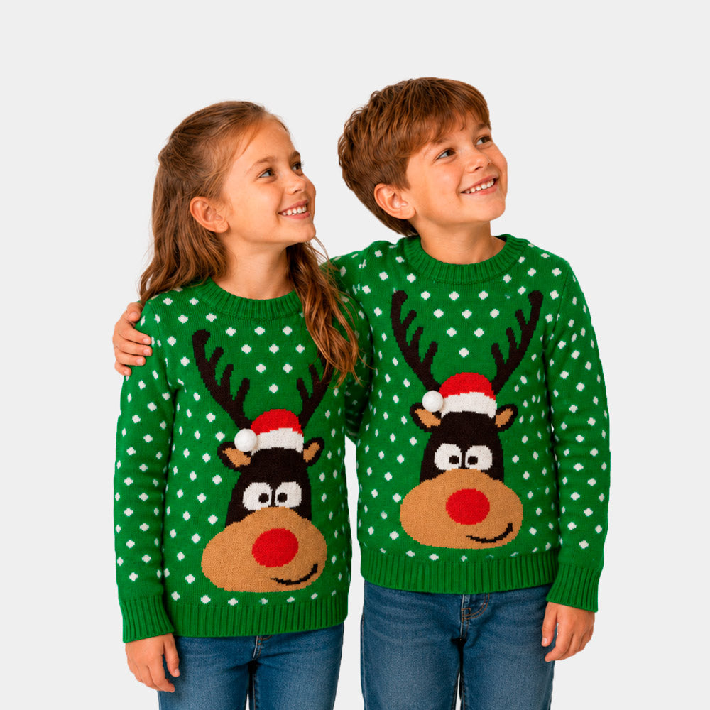 Camisola de Natal para Mulher Menino Verde Rena com Gorro 3D