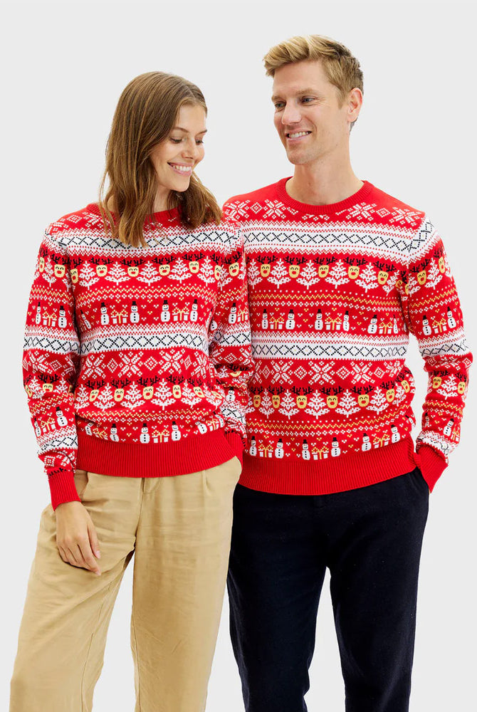 Camisola de Natal Mulher Homem Vermelha Bonecos Árvores Algodão Orgânico