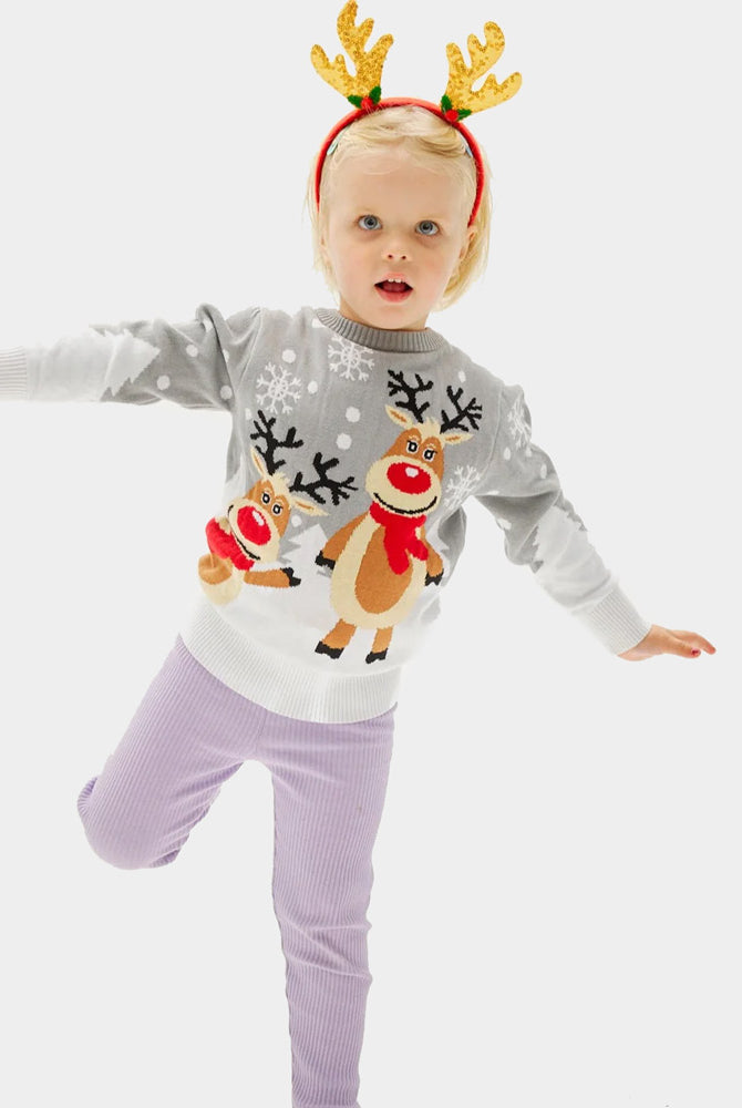 Camisola de Natal para Família Cinza com Renas Cute Menina