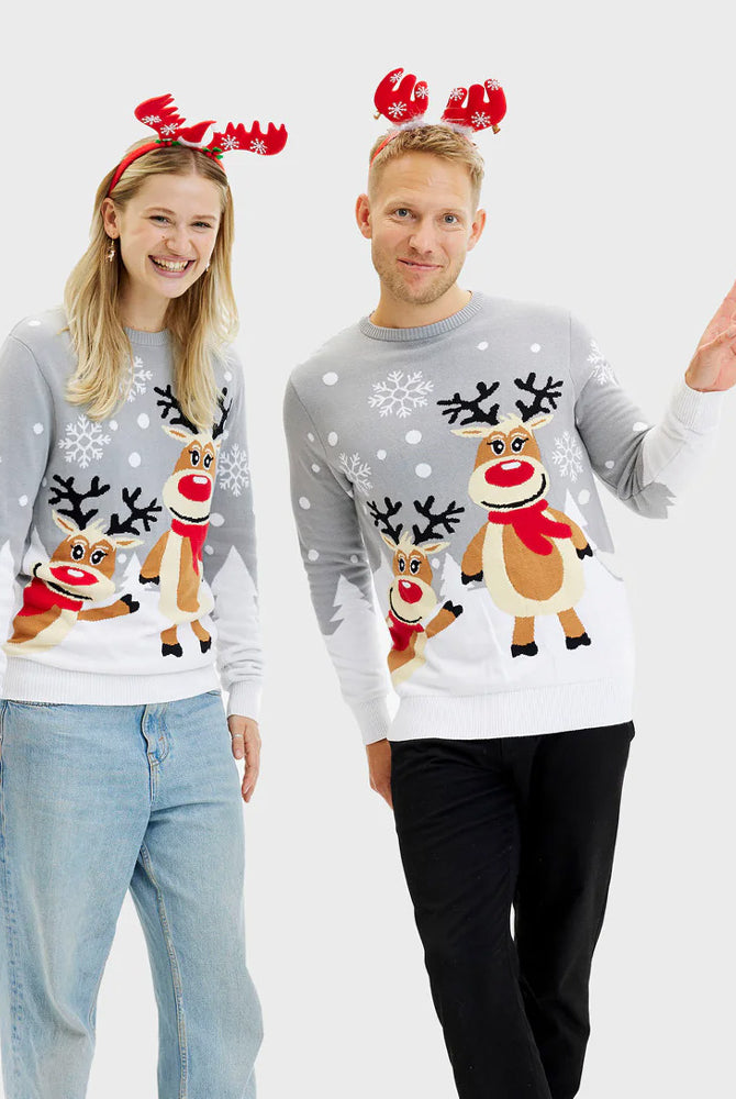 Camisola de Natal Homem e Mulher familia Cinza com Renas Cute