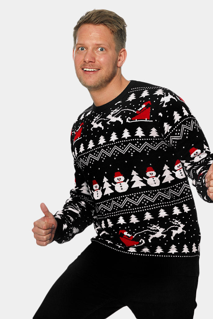 Camisola de Natal Homem Preta Árvores, Bonecos e Pai Natal