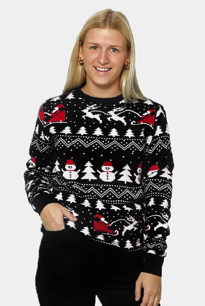 Camisola de Natal para Mulher Preta Árvores, Bonecos e Pai Natal