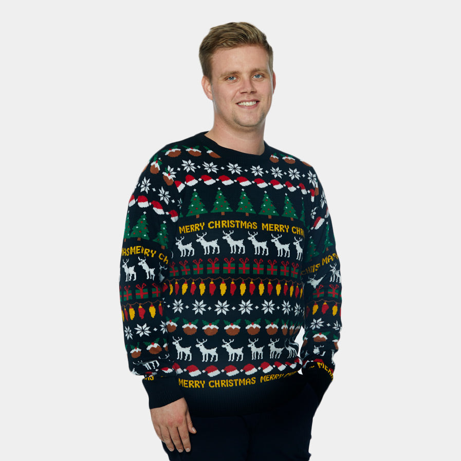 Camisola de Natal Preta com Árvores, Renas e Presentes para Homem