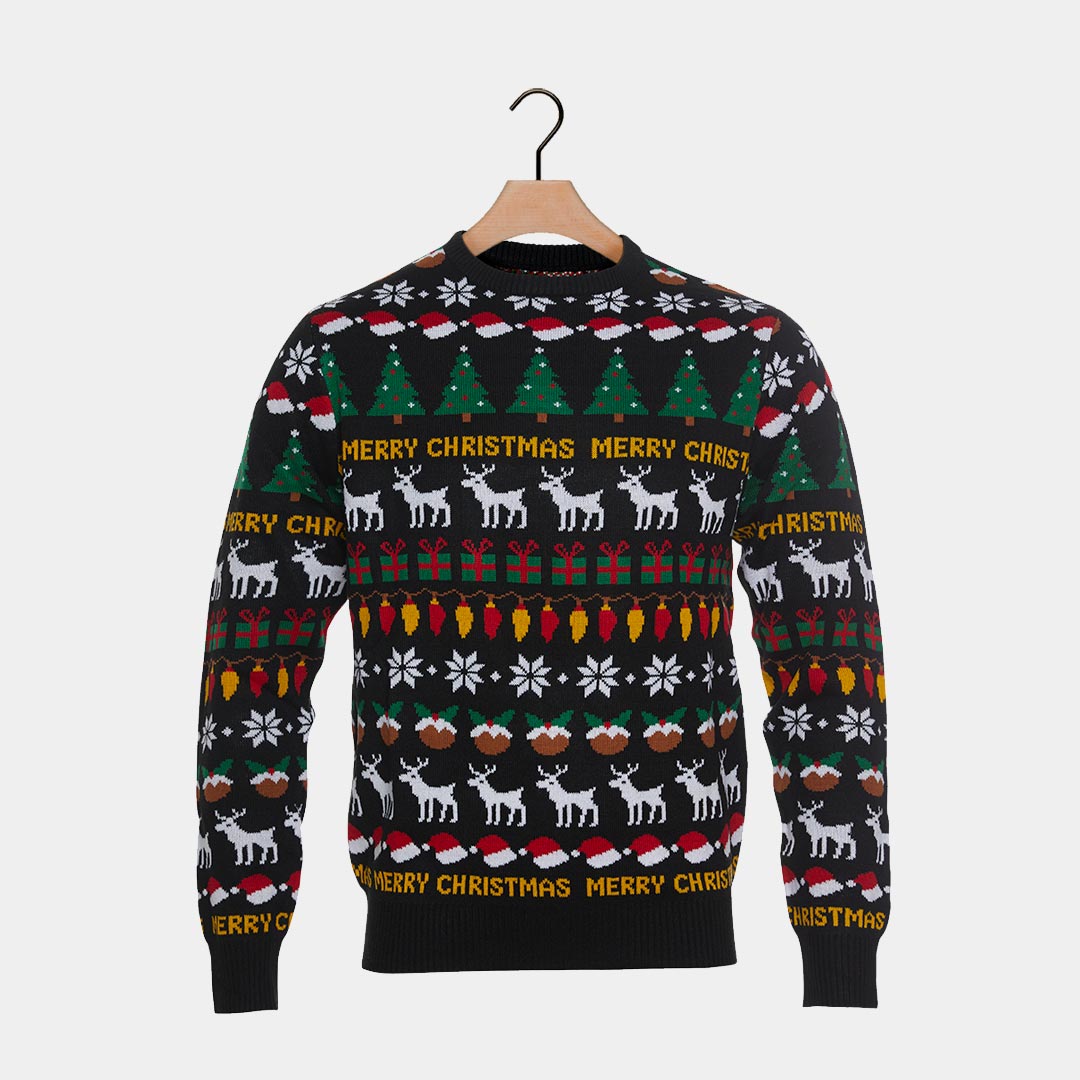 Camisola de Natal Homem Preta com Árvores, Renas e Presentes