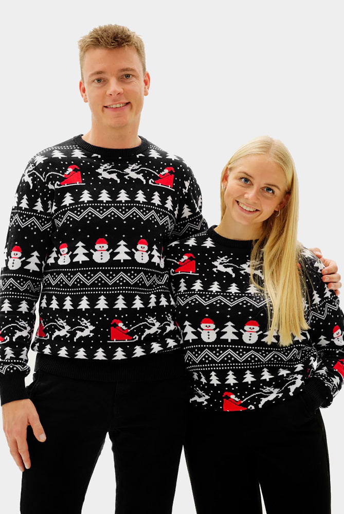 Camisola de Natal Preta para Homem e Mulher com Árvores, Bonecos e Pai Natal