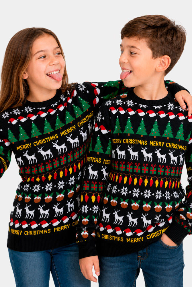 Camisola de Natal Preta para Menina e Menino Árvores, Renas e Presentes