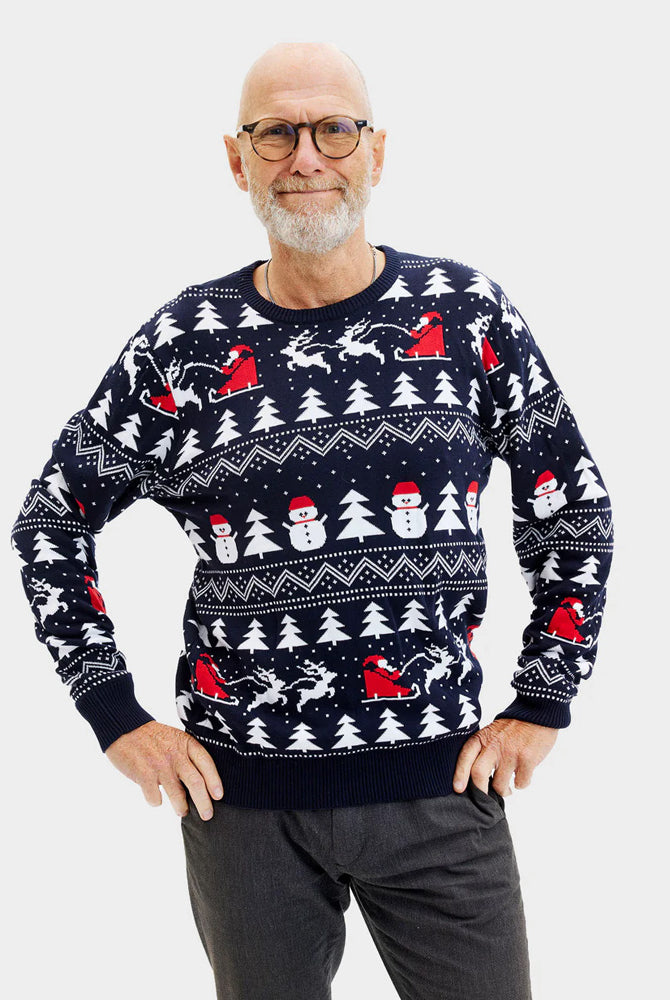 Camisola de Natal Preta para Homem Árvores, Bonecos e Pai Natal