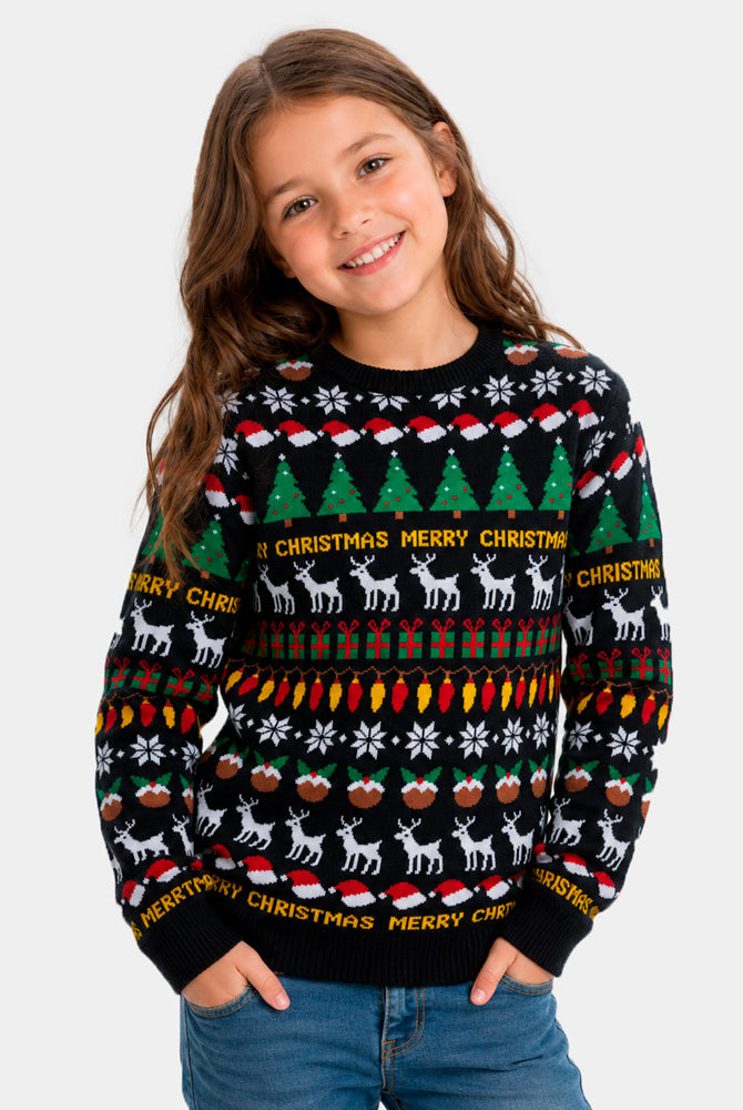 Camisola de Natal Preta para Menina Árvores, Renas e Presentes