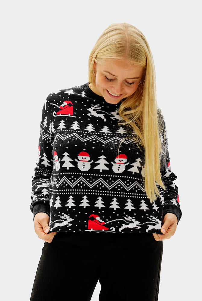 Camisola de Natal Preta para Mulher Árvores, Bonecos e Pai Natal