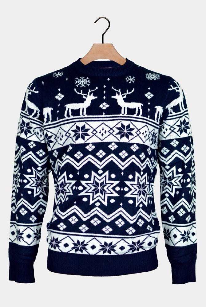 Camisola de Natal para Casal com Renas e Estrelas Azul Nordic