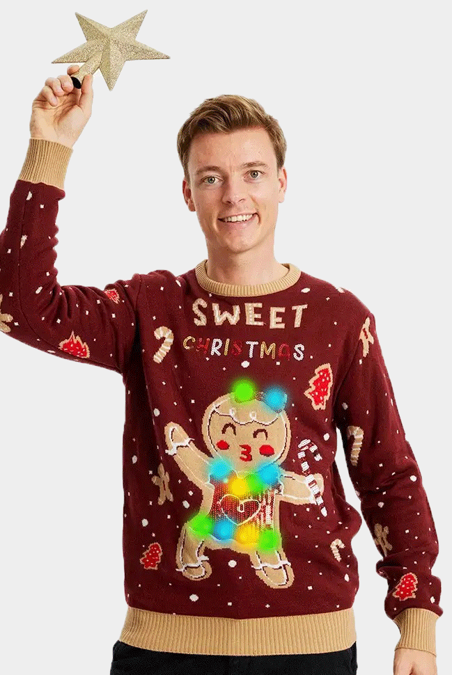 Camisola de Natal Vermelha com Luzes LED para Família Ginger Cookie homee