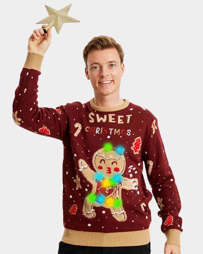 Camisola de Natal Vermelha com Luzes LED para Família Ginger Cookie homee