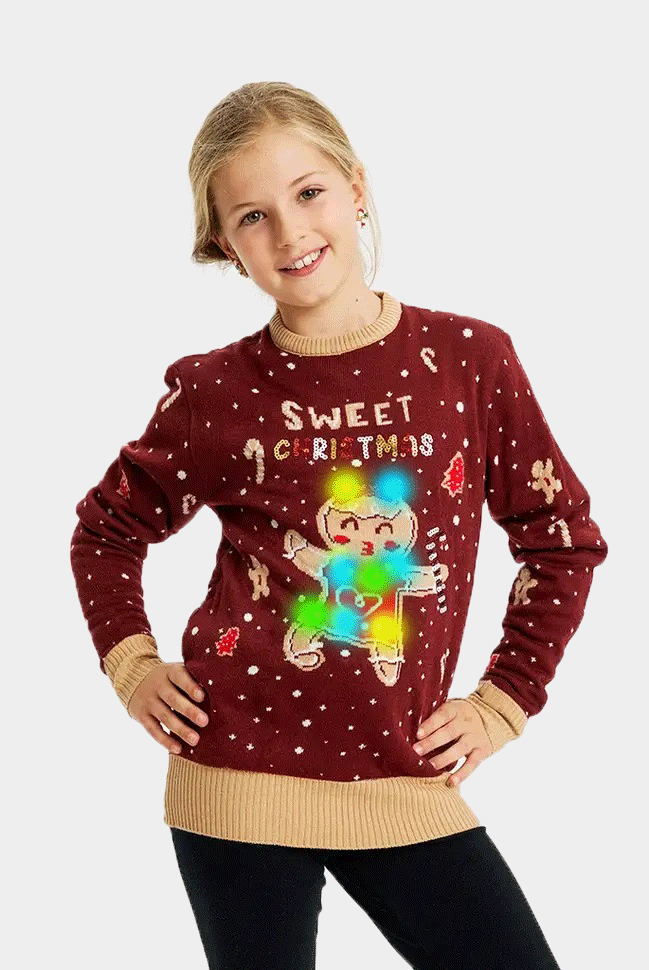 Camisola de Natal Vermelha com Luzes LED para Família Ginger Cookie menina