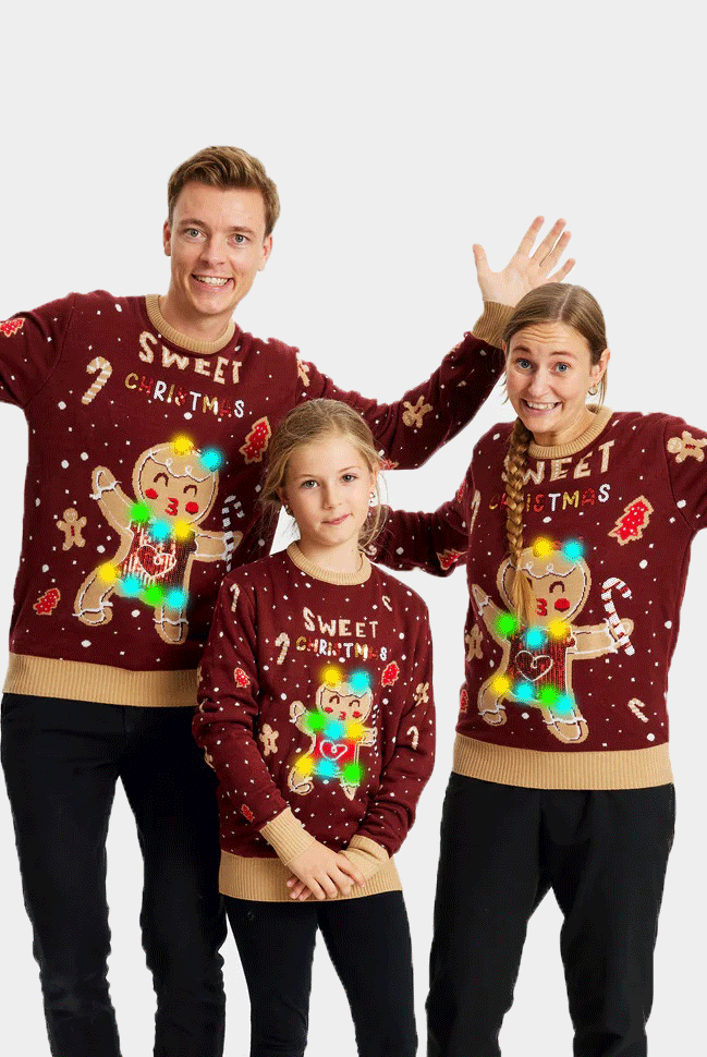 Camisola de Natal Vermelha com Luzes LED para Família Ginger Cookie