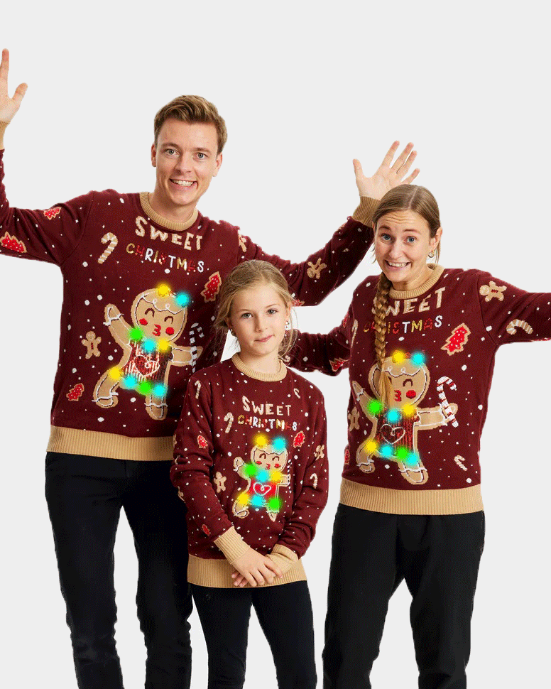 Camisola de Natal Vermelha com Luzes LED para Família Ginger Cookie
