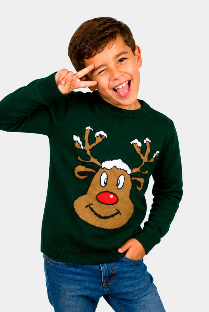 Camisola de Natal Família Verde com Rena Sorridente Bambino