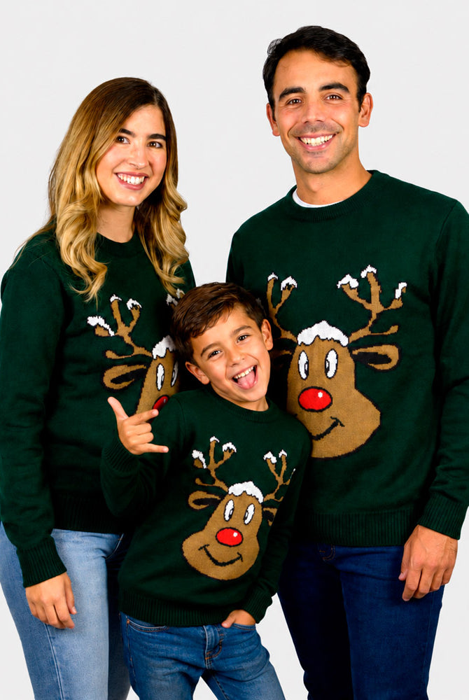 Camisola de Natal Família Verde com Rena Sorridente