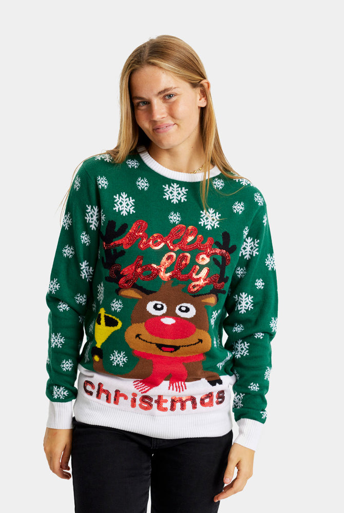 Camisola de Natal para Mulher Verde Holly Jolly Lantejoulas