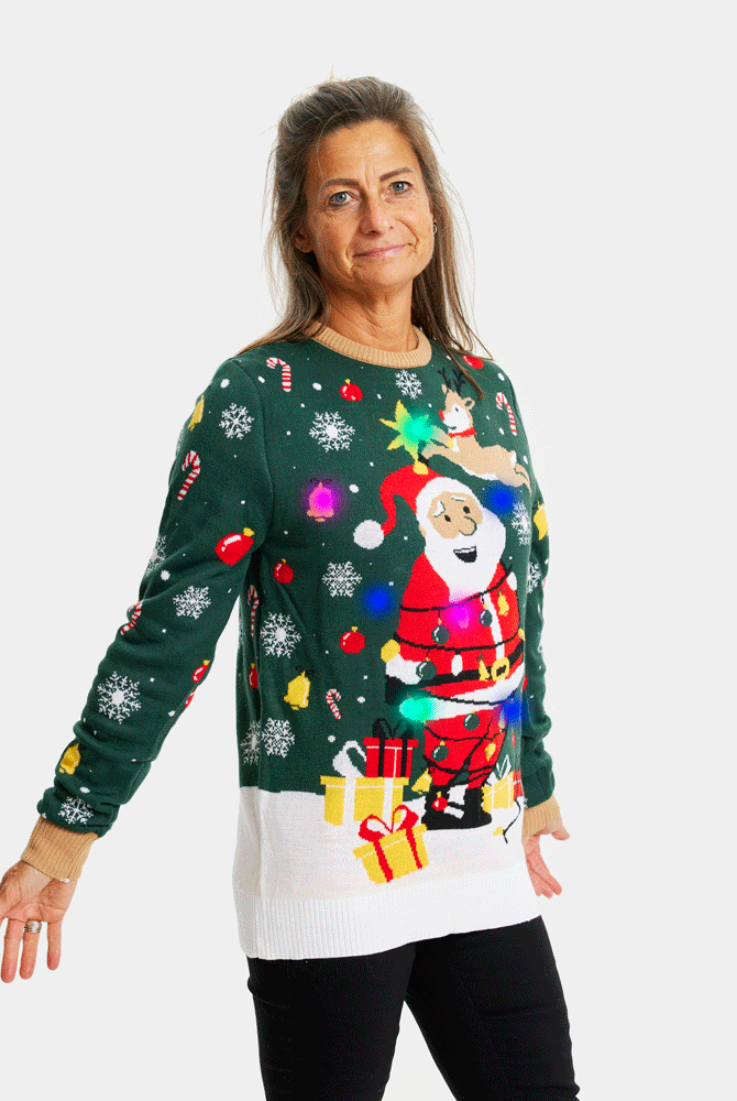 LED Camisola de Natal Verde com Luzes Pai Natal Preso Mulher