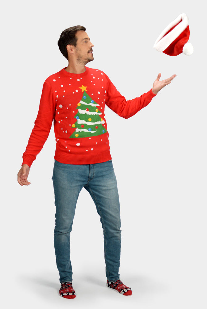 Camisola de Natal para Homem Vermelha Árvore de Natal Casal com gorro