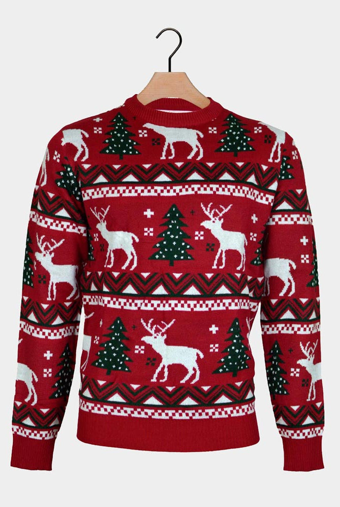 Camisola de Natal para Casal Vermelha Árvores de Natal e Renas