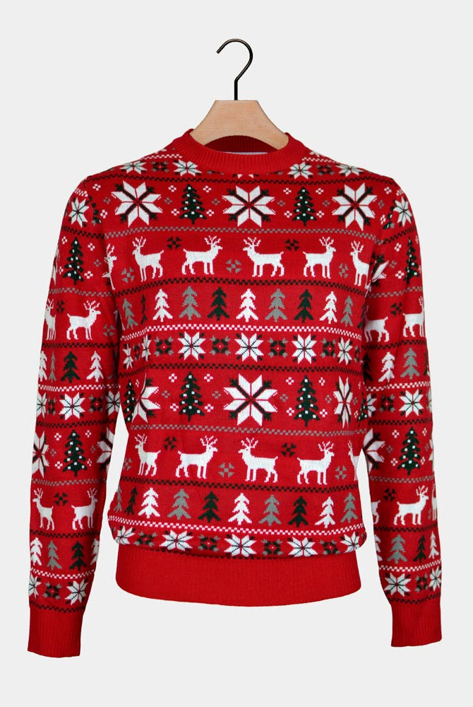 Camisola de Natal Casal Vermelha Renas, Árvores e Estrela Polar