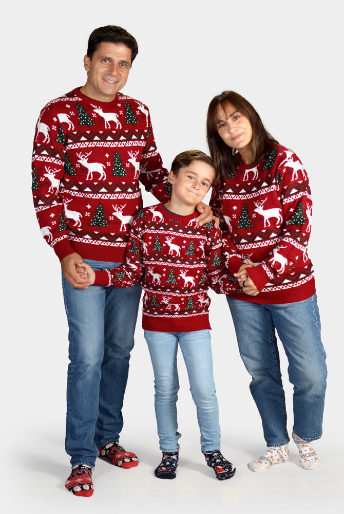 Camisola de Natal para Família Vermelha com Árvores de Natal e Renas