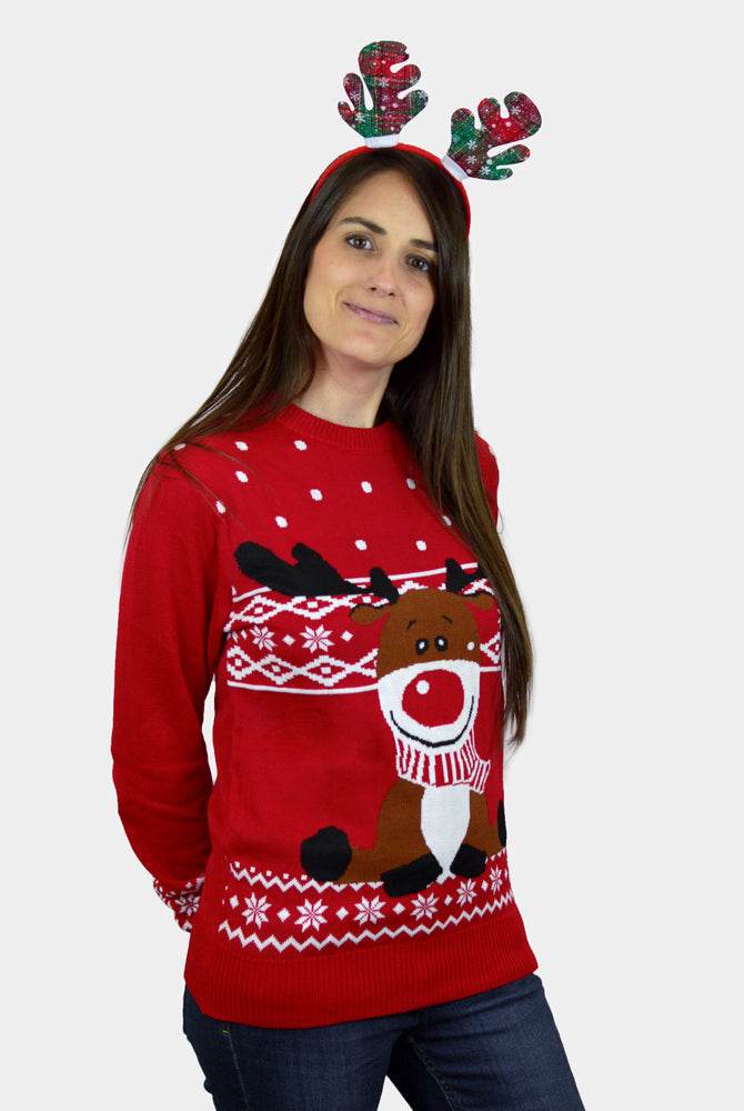 Camisola de Natal Vermelha para Família Rena Rudolph Cachecol mulher