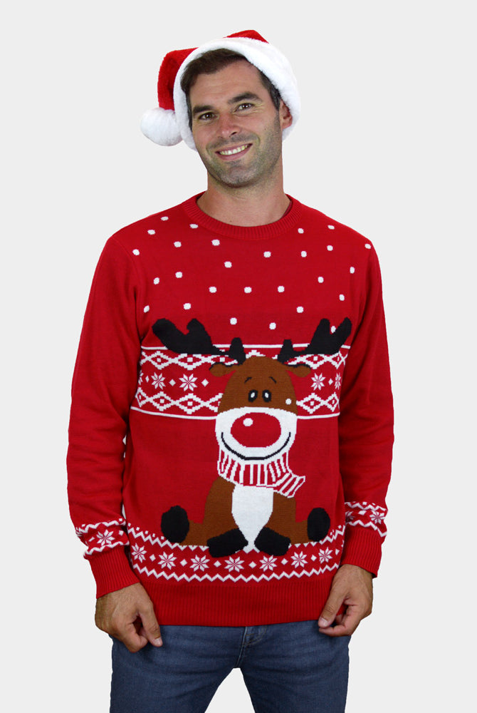 Camisola de Natal Vermelha para Família Rena Rudolph Cachecol homem