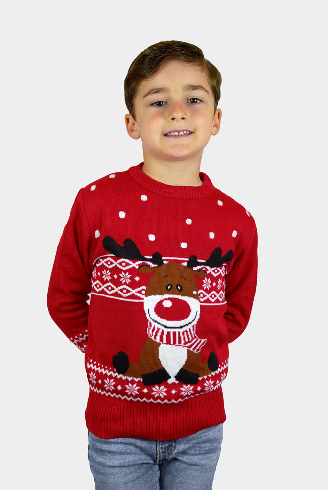 Camisola de Natal Vermelha para Família Rena Rudolph Cachecol menino