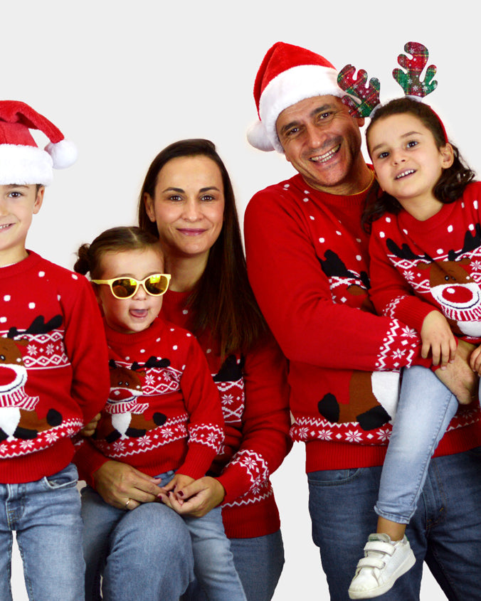 Camisola de Natal Vermelha para Família Rena Rudolph Cachecol