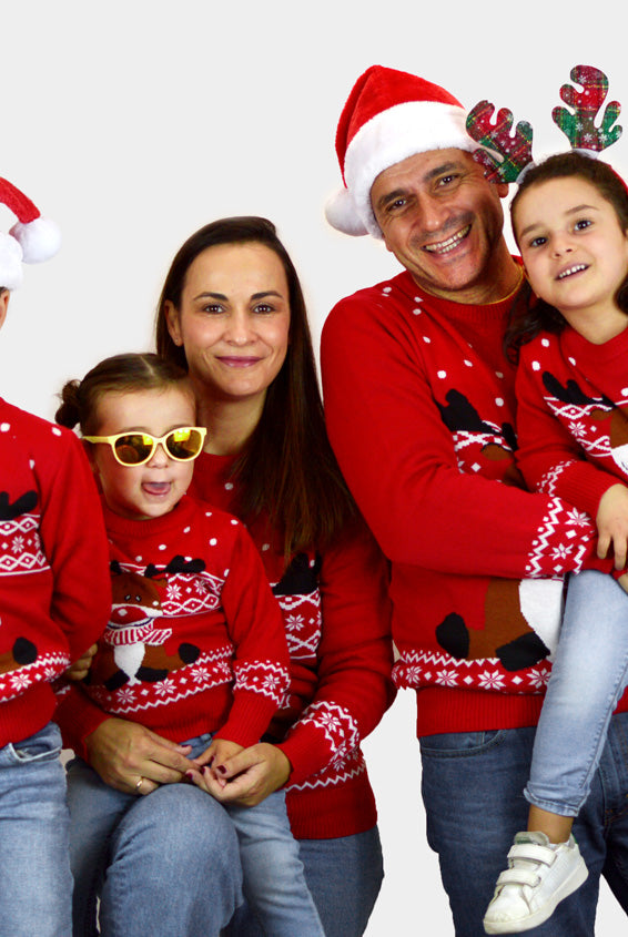 Camisola de Natal Vermelha para Família Rena Rudolph Cachecol
