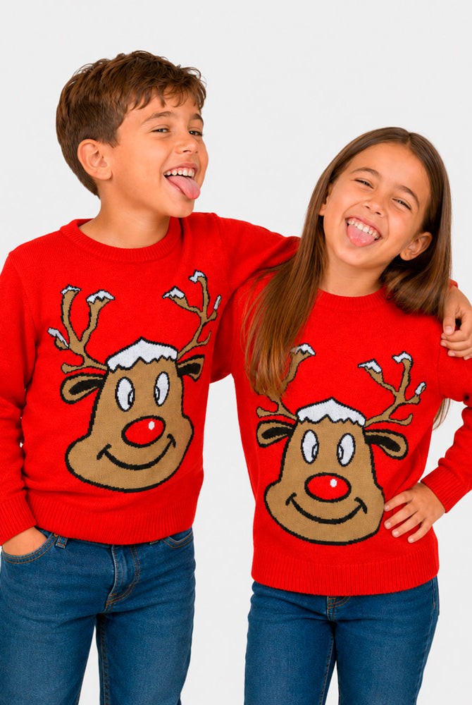 Camisola de Natal Família Vermelha com Rena Sorridente Crianças