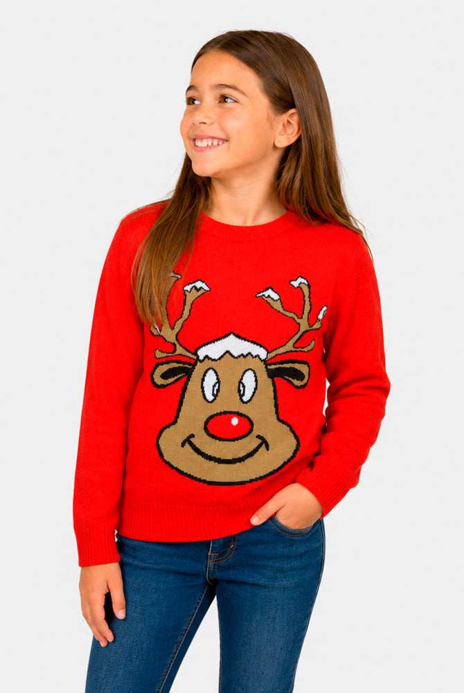 Camisola de Natal Família Vermelha com Rena Sorridente Menina
