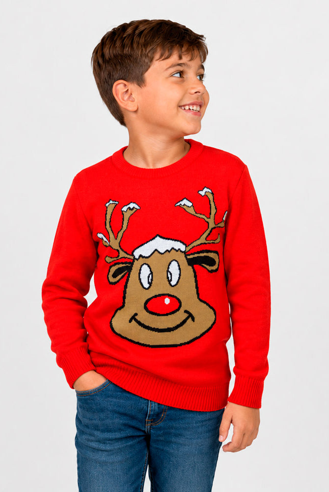 Camisola de Natal Família Vermelha com Rena Sorridente Menino