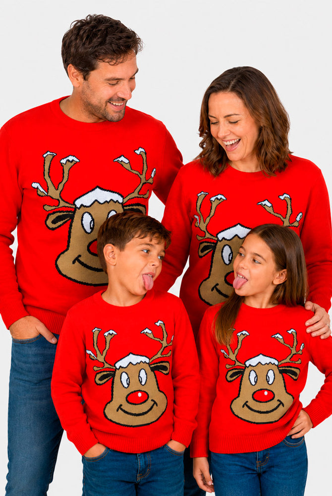 Camisola de Natal Família Vermelha com Rena Sorridente