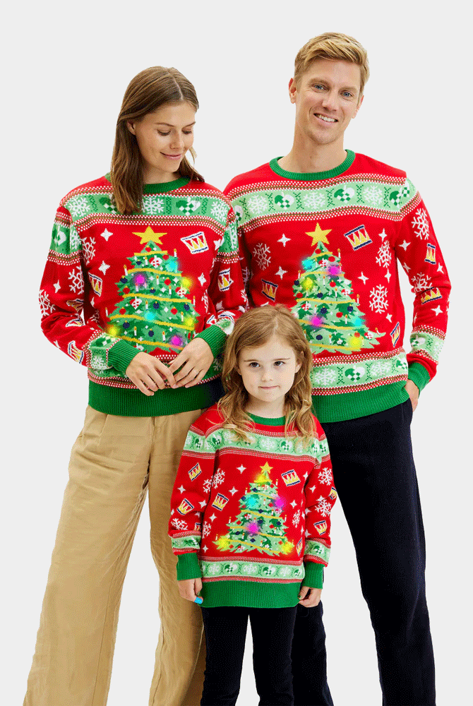 Camisola de Natal Vermelha Luzes LED Familia Árvore de Natal