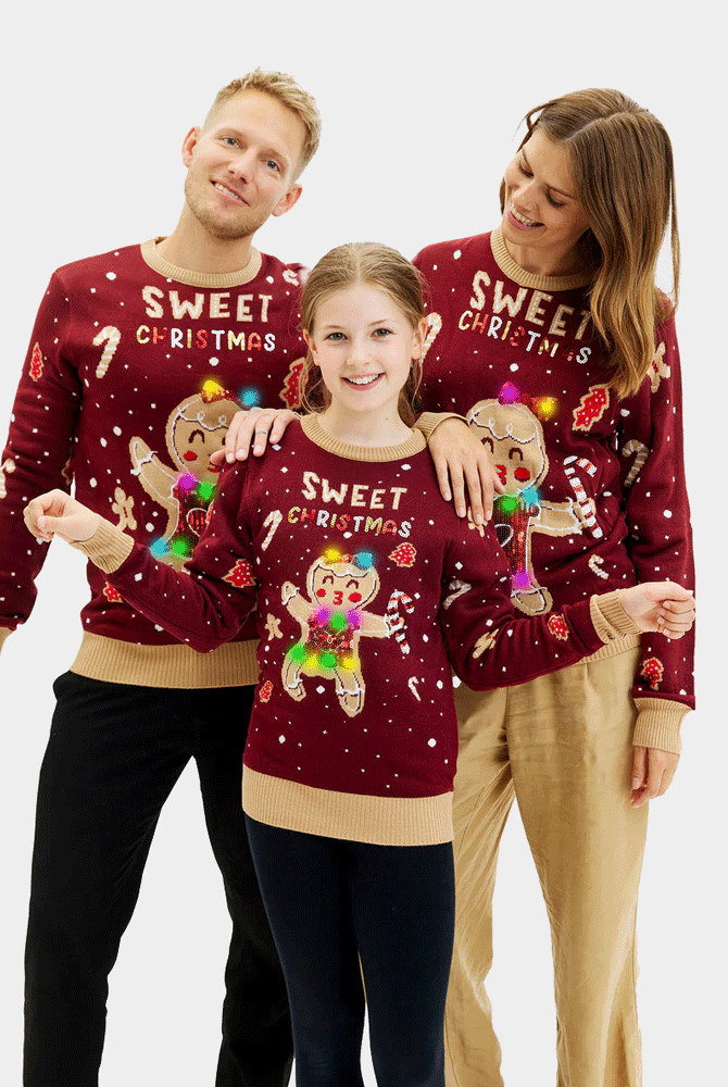 Camisola de Natal Vermelha Luzes LED Família Ginger Cookie